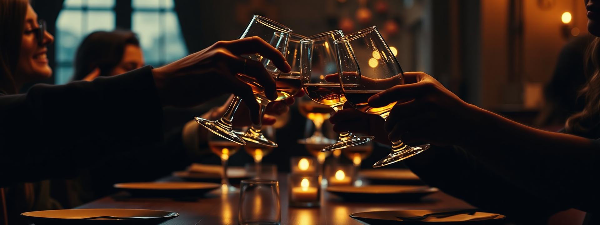 Friends raising glasses at a candlelit table