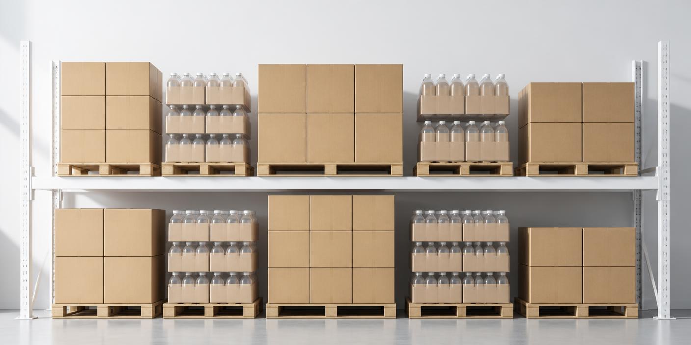 Stacked cases and multipacks on a plain warehouse shelf