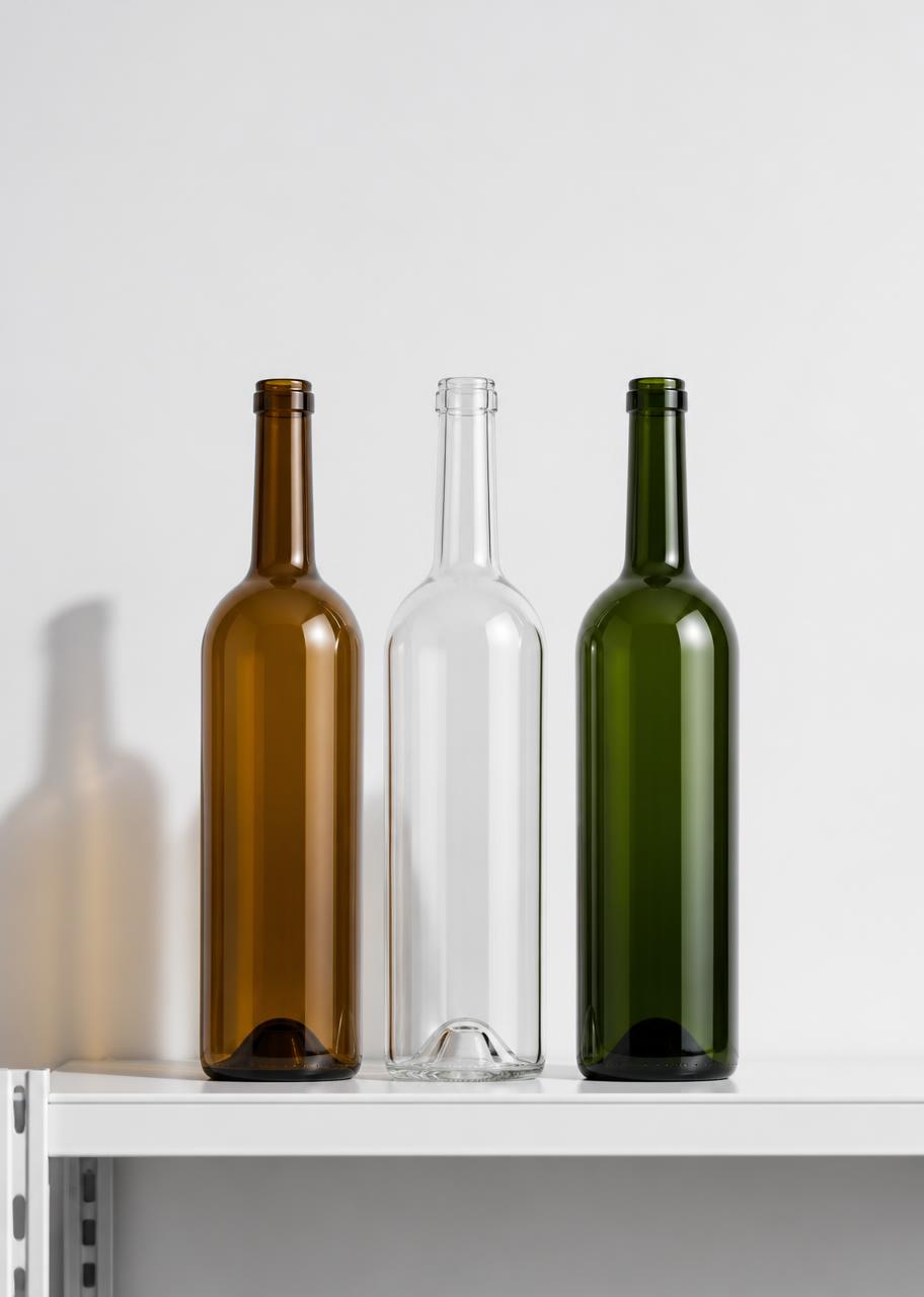 Bottles arranged on a bright industrial shelf run