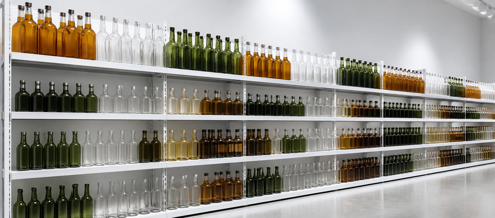 Bottles arranged on a bright industrial shelf run